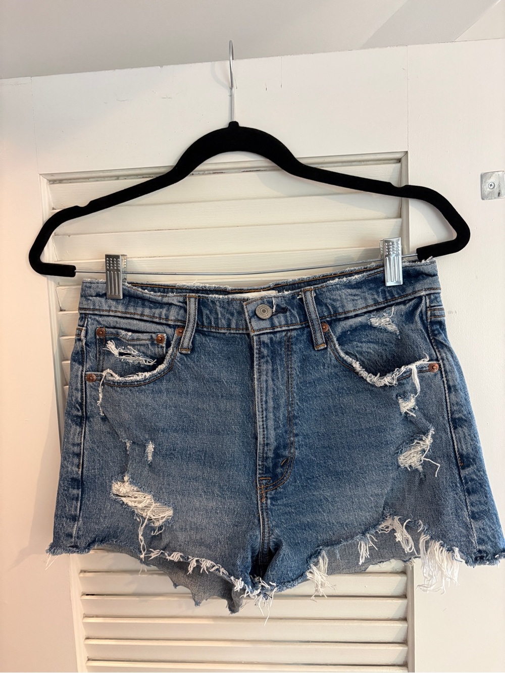 Abercrombie & Fitch Distressed Blue Denim Mom Shorts